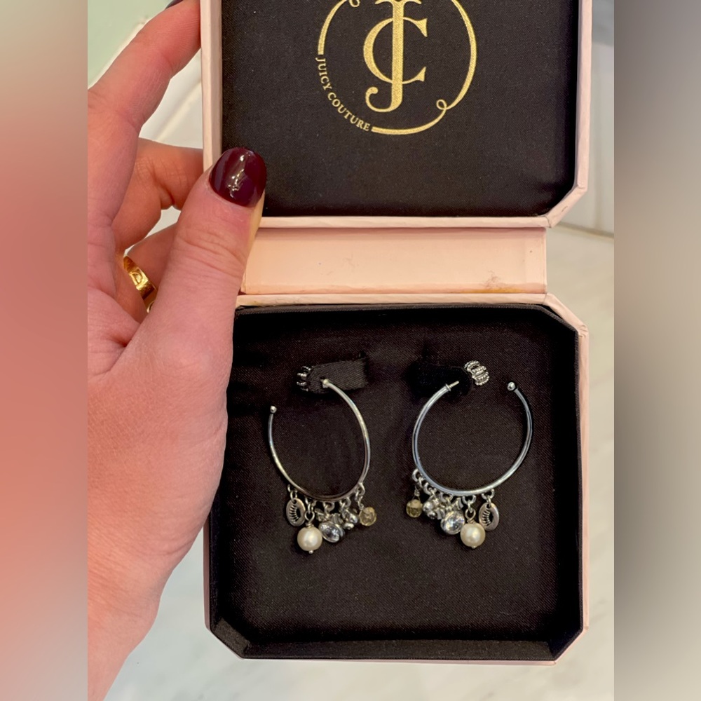 Juicy Couture Sterling Silver Dangle Charm Earrings in box